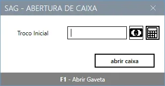 Janela de abertura de caixa, com o campo Troco Inicial e o botão abrir caixa