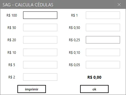 Calculadora de cédulas, com um campo para cada valor de nota e moeda e o total no rodapé