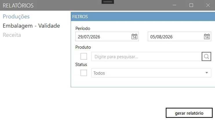 Tela Relatórios de produção na aba Produções, com as três abas à esquerda e, à direita, o período e os filtros de produto e status
