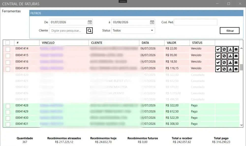 Central de faturas, com os filtros no topo, a lista colorida por situação e os totalizadores de recebimentos no rodapé