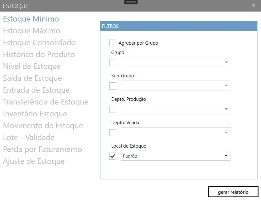 Tela Estoque, com a lista de relatórios à esquerda e, à direita, o bloco Filtros com agrupamento, grupo, subgrupo, departamentos e local de estoque