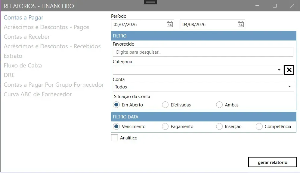 Tela Relatórios - Financeiro, com a lista de relatórios à esquerda e, à direita, o período, o bloco Filtro, a situação da conta e o filtro de data