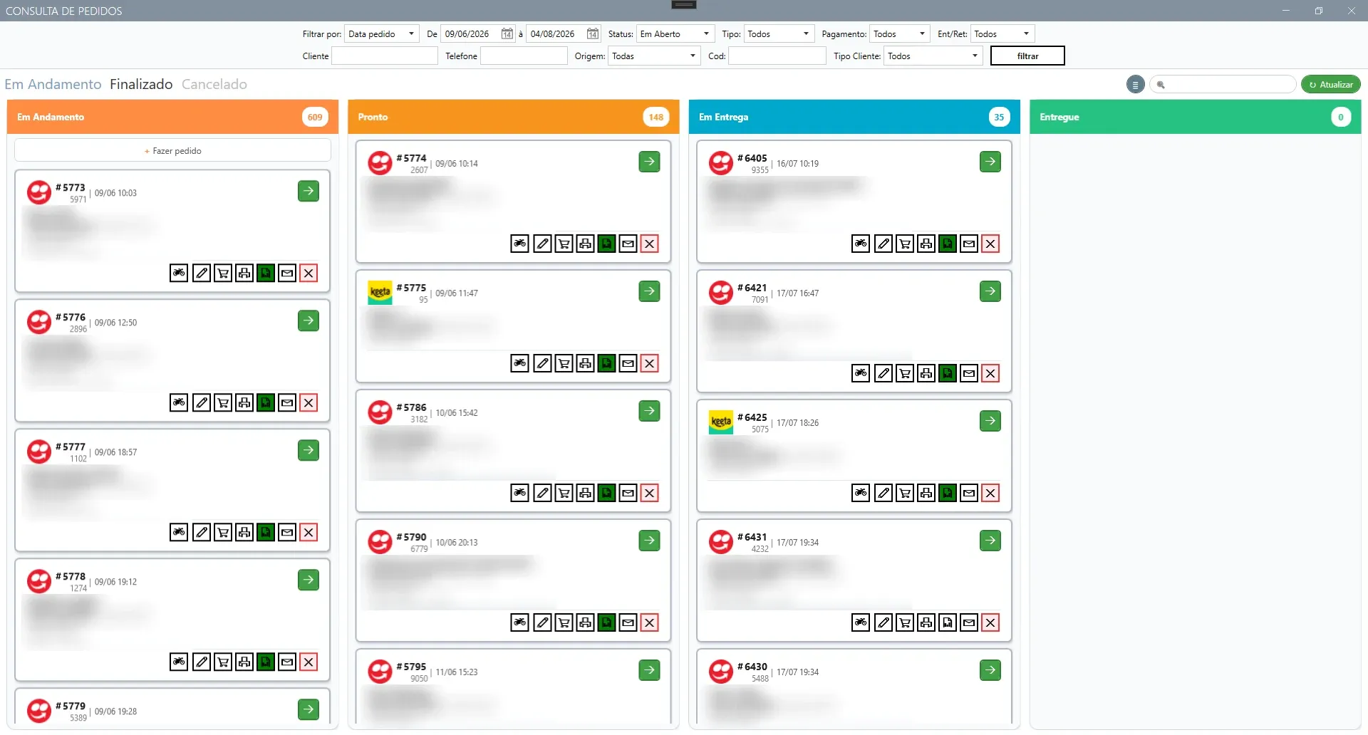 Kanban na aba Em Andamento, com as colunas Em Andamento, Pronto, Em Entrega e Entregue e a contagem de pedidos em cada uma