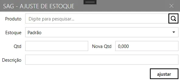 Janela Ajuste de Estoque, com os campos Produto, Estoque, Qtd, Nova Qtd e Descrição, e o botão ajustar