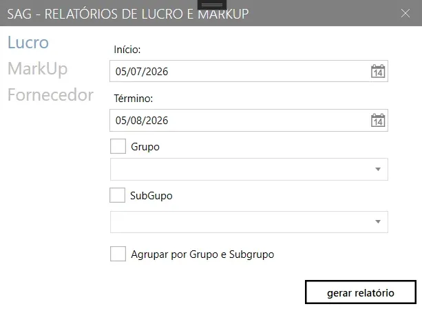 Tela Relatórios de Lucro e MarkUp, com as abas Lucro, MarkUp e Fornecedor à esquerda e, à direita, o período, os filtros de grupo e subgrupo e a opção de agrupar