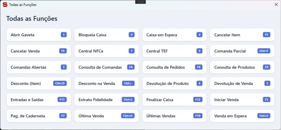 Tela Todas as Funções da frente de caixa, com as opções e seus atalhos, entre elas Bloqueia Caixa na tecla 9