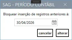Janela Período Contábil, com o campo de data para bloquear inserções anteriores e o botão Alterar