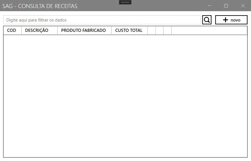 Tela Consulta de Receitas, com o campo de filtro, o botão novo e a lista com código, descrição e produto fabricado