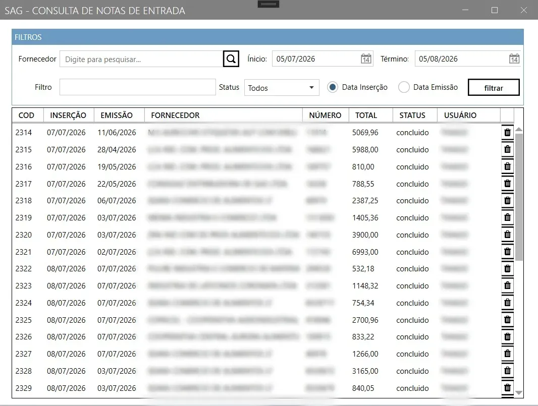 Tela Consulta de Notas de Entrada, com os filtros de fornecedor, período, status e tipo de data no topo, e a lista com código, inserção, emissão, fornecedor, número, total, status e usuário