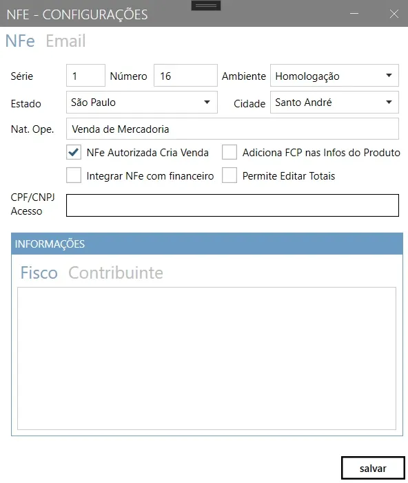 Aba NFe da configuração da NF-e, com série, número, ambiente, natureza padrão e as quatro caixas de marcação