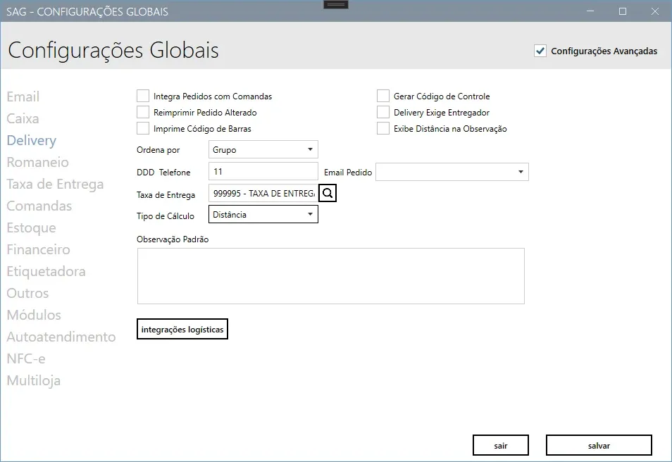 Configurações Globais no item Delivery, com o produto da Taxa de Entrega e o Tipo de Cálculo definido como Distância