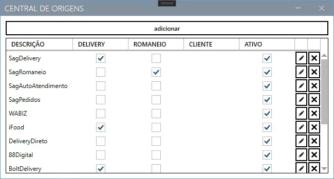 Janela Central de Origens, com as colunas Descrição, Delivery, Romaneio, Cliente e Ativo e o botão adicionar