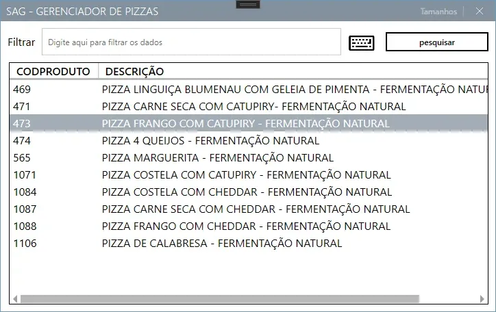 Gerenciador de pizzas, com a lista de produtos marcados como pizza