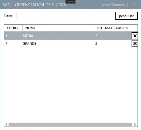 Lista de tamanhos de pizza, com nome e quantidade máxima de sabores de cada um