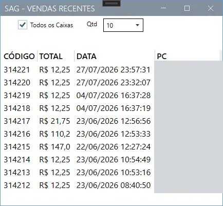 Tela Vendas Recentes com código, total e data de cada venda, e a opção Todos os Caixas