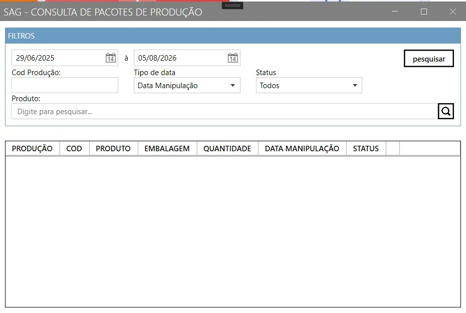 Tela Consulta de Pacotes de Produção, com os filtros de período, código da produção, tipo de data, status e produto, e as colunas produção, código, produto, embalagem, quantidade, data de manipulação e status