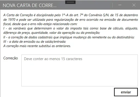 Tela Nova Carta de Correção, com o texto da legislação, o campo Correção e o botão enviar