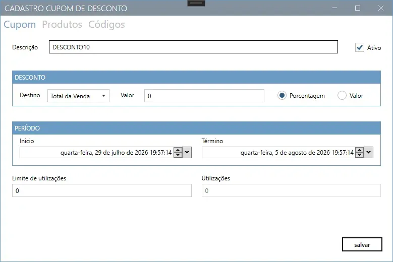Cadastro de cupom de desconto, com destino, valor em porcentagem, período de validade e limite de utilizações