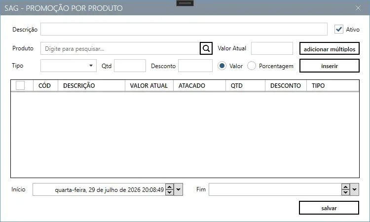 Cadastro de promoção por produto, com a grade de itens e os campos de início e fim
