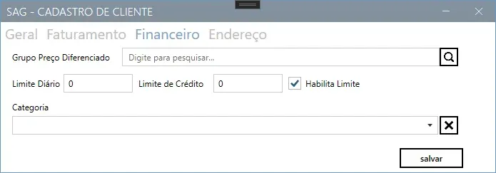 Aba Financeiro do cadastro do cliente, com Limite Diário, Limite de Crédito e a marcação Habilita Limite