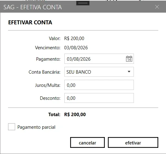 Janela Efetiva Conta, com valor e vencimento apenas para conferência e os campos de data de pagamento, conta bancária, juros/multa, desconto e total