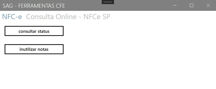 Janela Ferramentas CFe na aba NFC-e, com os botões consultar status e inutilizar notas