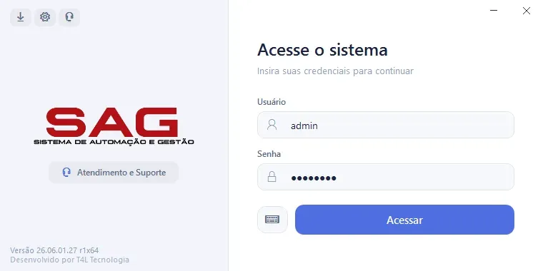 Tela de login do SAG, com os campos Usuário e Senha e o botão Acessar