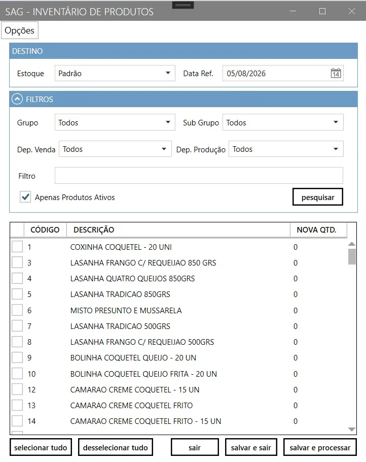 Tela Inventário de Produtos, com o bloco Destino contendo estoque e data de referência, os filtros de grupo e depósito, a lista de produtos com nova quantidade, e os botões salvar e sair e salvar e processar