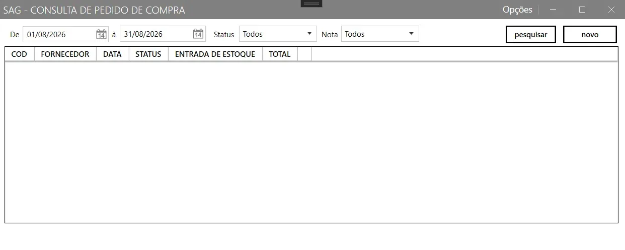 Tela Consulta de Pedido de Compra, com os filtros de período, status e nota, os botões pesquisar e novo, e as colunas código, fornecedor, data, status, entrada de estoque e total