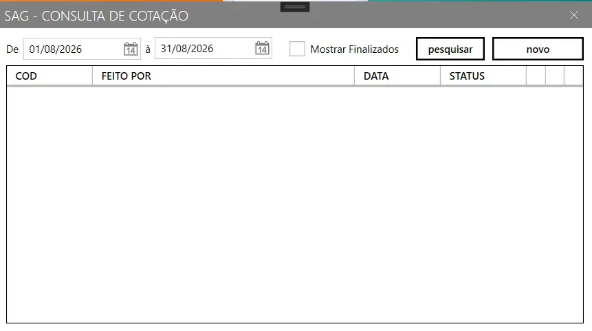 Tela Consulta de Cotação, com o período, a opção Mostrar Finalizados, os botões pesquisar e novo, e as colunas código, feito por, data e status