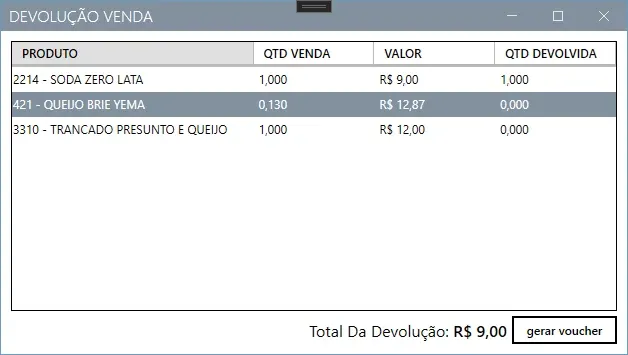 Janela Devolução Venda, com as colunas Produto, Qtd Venda, Valor e Qtd Devolvida, o Total da Devolução e o botão gerar voucher