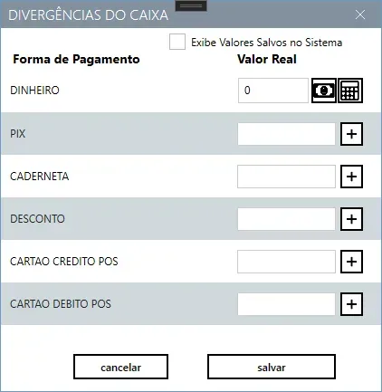 Tela Divergências do Caixa, com um campo de valor real para cada forma de pagamento