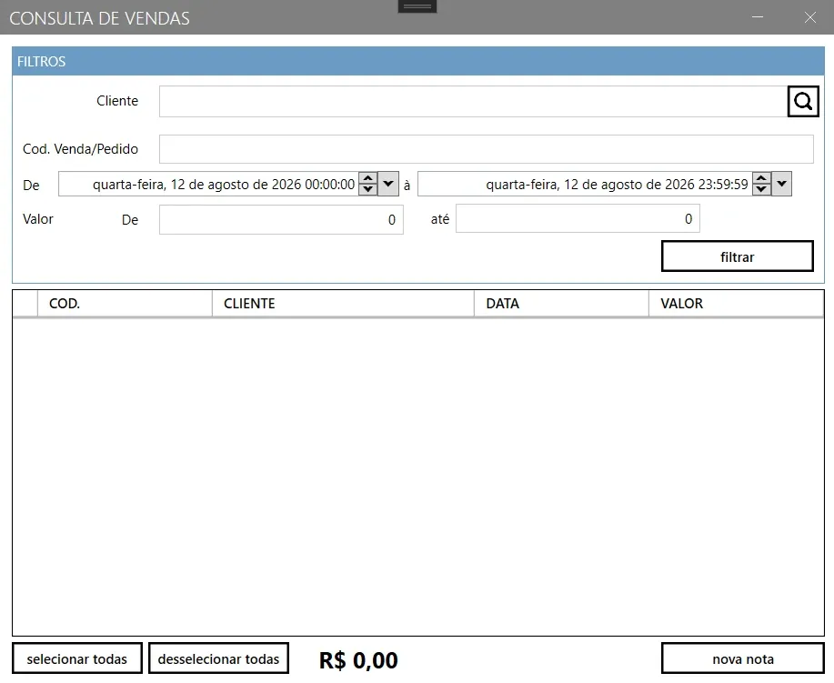 Consulta de vendas do módulo NF-e, com os filtros, a grade de vendas e o total selecionado no rodapé