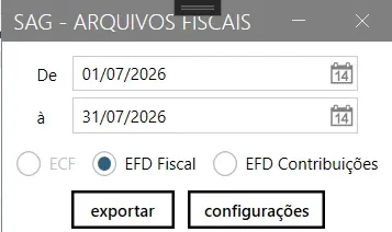 Janela Arquivos Fiscais, com o período e as opções EFD Fiscal e EFD Contribuições