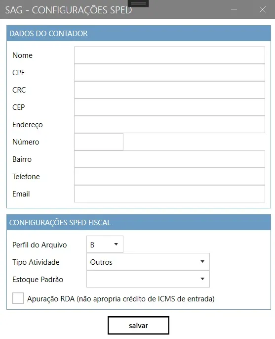 Configurações do SPED, com os dados do contador e o bloco Configurações SPED Fiscal