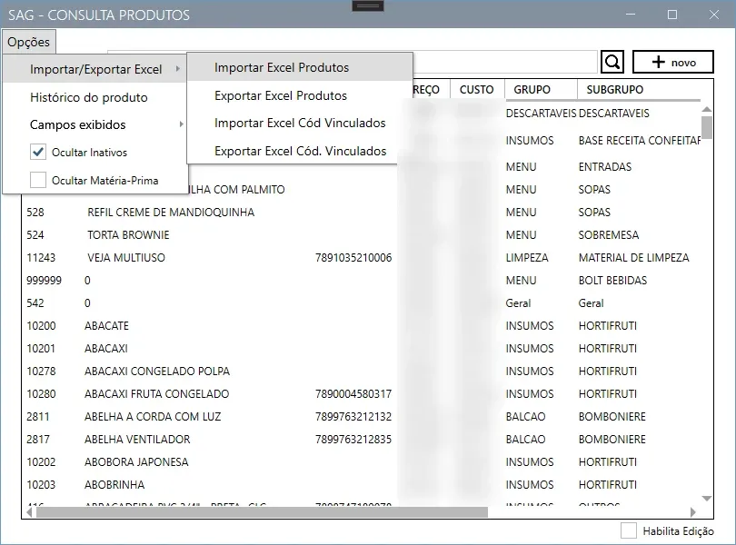 Consulta de produtos com o menu Opções aberto em Importar/Exportar Excel, mostrando as quatro opções de importar e exportar