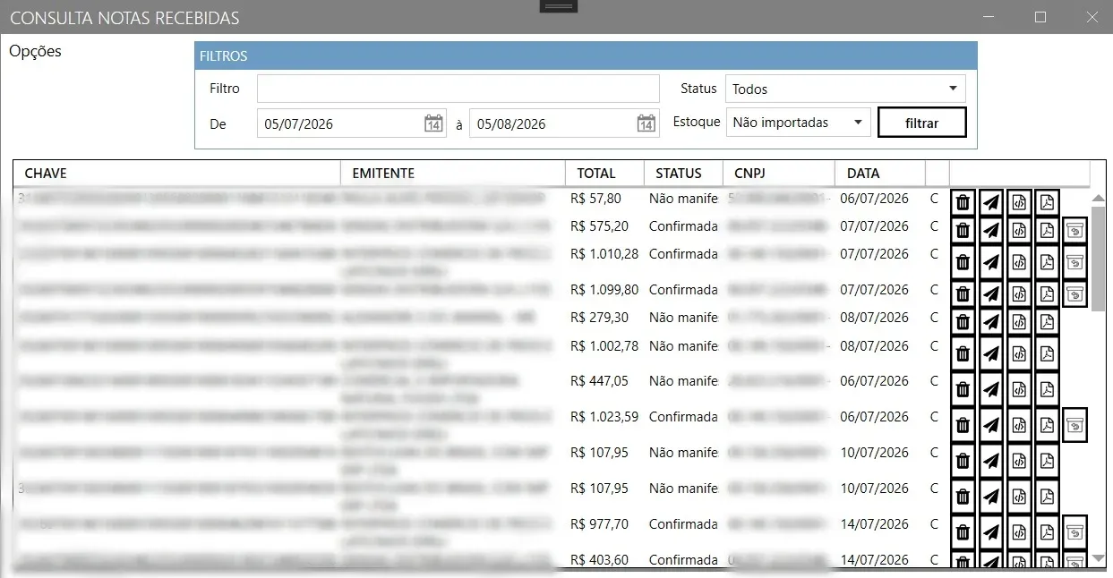 Tela Consulta Notas Recebidas, com os filtros de período, status e estoque no topo e a lista de notas com chave, emitente, total, status e os botões de excluir, manifestar, XML, DANFE e devolução em cada linha