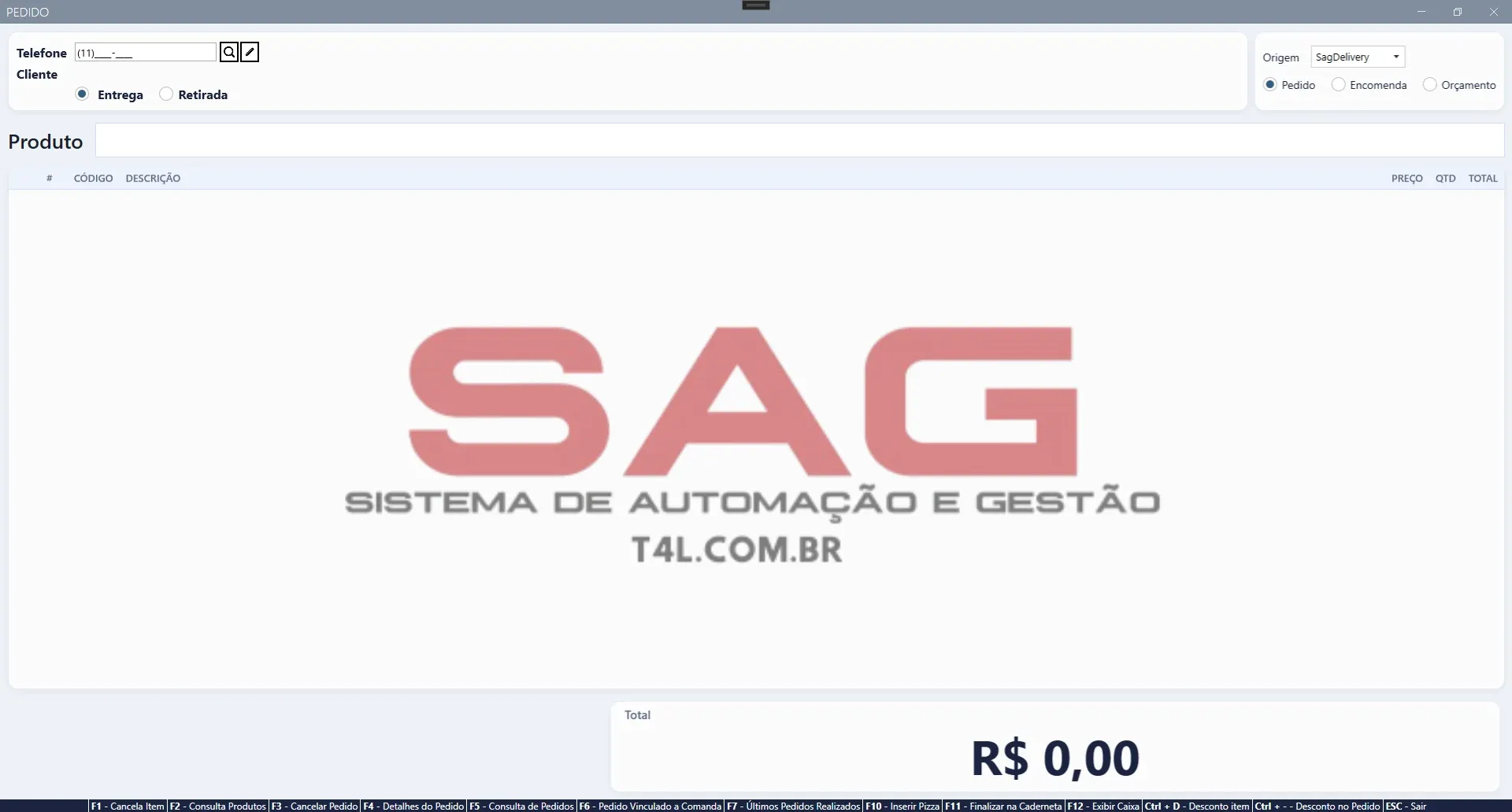 Tela de pedido em branco, com Telefone e Cliente à esquerda, as opções Entrega e Retirada, a Origem e os tipos Pedido, Encomenda e Orçamento à direita, e a barra de atalhos no rodapé
