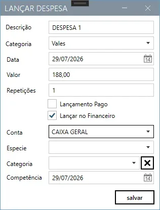 Janela Lançar Despesa, com descrição, categoria, data, valor, repetições e a marcação Lançar no Financeiro