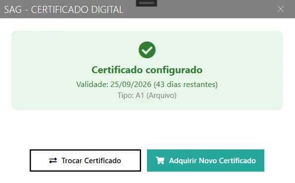 Tela de certificado digital com o status configurado, a validade e os botões Trocar Certificado e Adquirir Novo Certificado