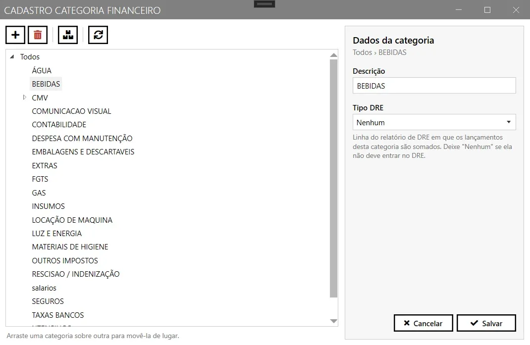 Tela Cadastro Categoria Financeiro: à esquerda a árvore com a raiz Todos e as categorias da loja, à direita o painel Dados da categoria com Descrição, Tipo DRE e os botões Cancelar e Salvar