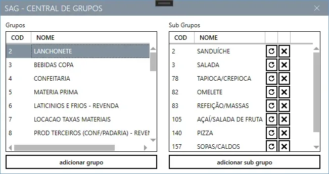 Central de grupos, com a lista de grupos à esquerda e os subgrupos do grupo selecionado à direita