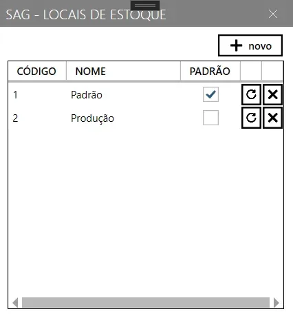 Tela Locais de Estoque, com o botão novo e a lista de locais mostrando código, nome e a marcação de padrão