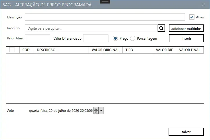Cadastro de alteração de preço programada, com a grade de produtos e a data do agendamento
