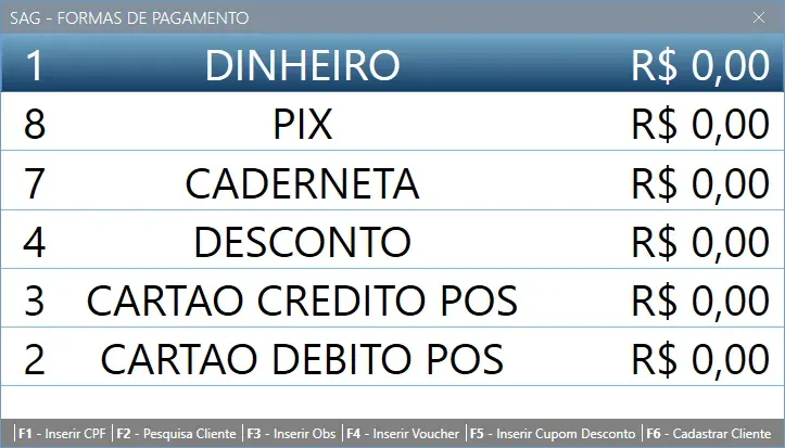 Lista de formas de pagamento com dinheiro, PIX, caderneta, desconto e cartões