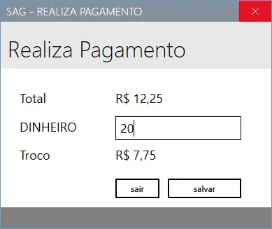 Tela Realiza Pagamento com total de 12,25, valor recebido de 20 e troco de 7,75