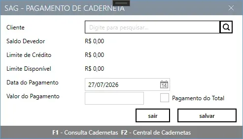Tela Pagamento de Caderneta, com cliente, saldo devedor, limites, data e valor do pagamento