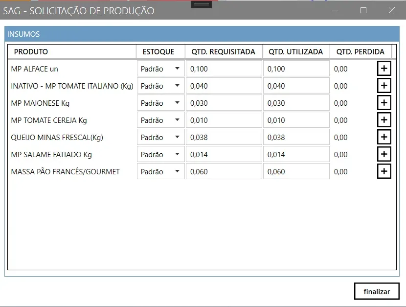 Tela Solicitação de Produção, com a grade de insumos mostrando produto, estoque, quantidade requisitada, utilizada e perdida, e o botão de adicionar perda em cada linha