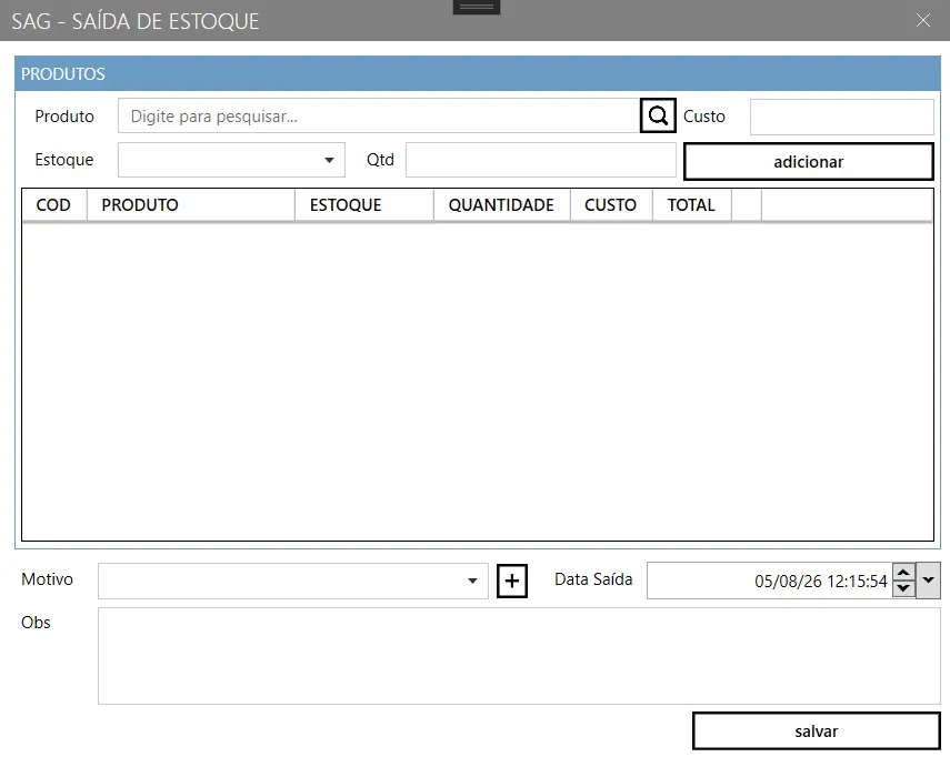 Tela Saída de Estoque, com o bloco Produtos trazendo produto, custo, estoque e quantidade, a grade de itens, e os campos Motivo, Data Saída e Obs