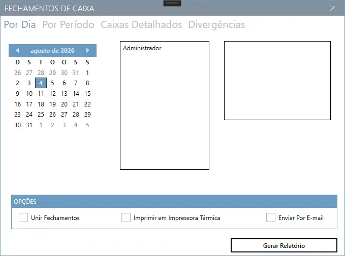 Tela Fechamentos de Caixa na aba Por Dia, com o calendário, a lista de operadores e o bloco Opções
